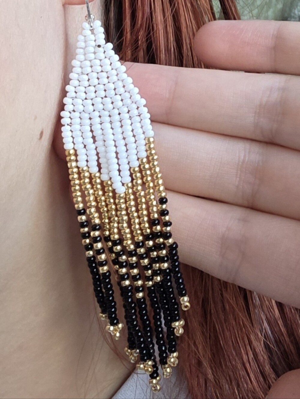 White, Gold & Black Beaded Fringe Earrings - Lightweight Statement
